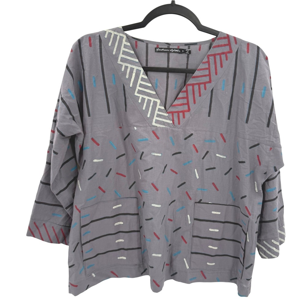 Gudrun Sjoden Gray Abstract Geometric Print Tunic Top V-Neck Pockets Small